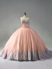 Edgy Ball Gowns Sleeveless Peach 15 Quinceanera Dress Court Train Lace Up