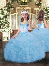 Custom Designed Sleeveless Organza Floor Length Lace Up Kids Pageant Dress in Blue with Beading and Ruffles and Pick Ups
