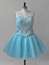 Baby Blue Organza Lace Up Sweetheart Sleeveless Mini Length Beading