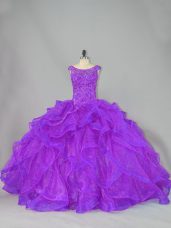 Beading and Ruffles Quince Ball Gowns Purple Lace Up Sleeveless Brush Train