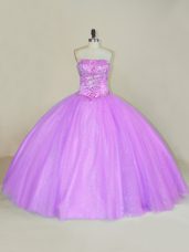 Affordable Lilac Tulle Lace Up 15 Quinceanera Dress Sleeveless Floor Length Sequins