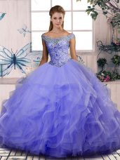 Lavender Ball Gowns Beading and Ruffles Quinceanera Gowns Lace Up Tulle Sleeveless Floor Length