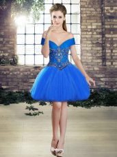 Blue Teens Party Dress Prom and Party with Beading Off The Shoulder Sleeveless Lace Up