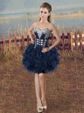 Admirable Navy Blue Sleeveless Beading and Ruffled Layers Mini Length Homecoming Dress