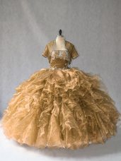 Brown Lace Up Strapless Beading and Ruffles Sweet 16 Dresses Organza Sleeveless