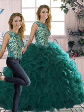 Floor Length Two Pieces Sleeveless Peacock Green Sweet 16 Dress Lace Up