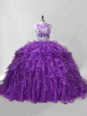 Sexy Purple Organza Zipper Scoop Sleeveless 15th Birthday Dress Brush Train Beading and Ruffles