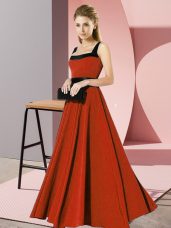 Clearance Square Sleeveless Dama Dress for Quinceanera Floor Length Belt Rust Red Chiffon