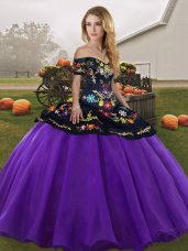 Purple Ball Gowns Off The Shoulder Sleeveless Tulle Floor Length Lace Up Embroidery Ball Gown Prom Dress