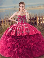Best Coral Red Lace Up Sweetheart Embroidery and Ruffles Quinceanera Gown Fabric With Rolling Flowers Sleeveless