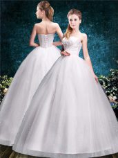 White Sleeveless Floor Length Appliques Lace Up Wedding Gown