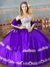 Eggplant Purple Ball Gowns Beading and Embroidery Quince Ball Gowns Lace Up Satin Sleeveless Floor Length