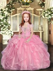 Straps Sleeveless Lace Up Little Girls Pageant Gowns Baby Pink Organza