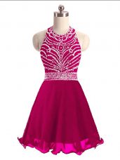 Flare Hot Pink Chiffon Lace Up Halter Top Sleeveless Mini Length Casual Dresses Beading