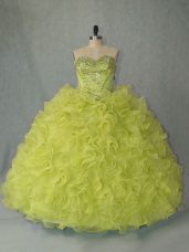Brush Train Ball Gowns 15th Birthday Dress Yellow Green Sweetheart Organza Sleeveless Lace Up