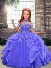 Floor Length Lace Up Pageant Gowns For Girls Blue for Party and Wedding Party with Beading and Ruffles