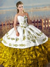 Smart Brown Satin and Organza Lace Up Quinceanera Dresses Sleeveless Floor Length Embroidery and Ruffles