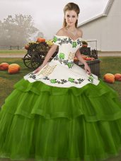 Olive Green Tulle Lace Up Sweet 16 Quinceanera Dress Sleeveless Brush Train Embroidery and Ruffled Layers