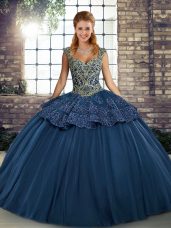 Unique Navy Blue Ball Gowns Beading and Appliques Quinceanera Gown Lace Up Tulle Sleeveless Floor Length