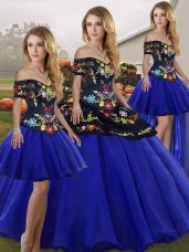 Glorious Off The Shoulder Sleeveless Tulle Sweet 16 Quinceanera Dress Embroidery Lace Up