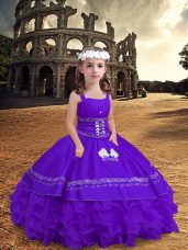 Sleeveless Zipper Floor Length Embroidery and Ruffled Layers Child Pageant Dress