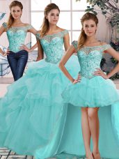 Beading and Ruffles Vestidos de Quinceanera Aqua Blue Lace Up Sleeveless Floor Length
