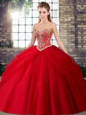 Red Quince Ball Gowns Military Ball and Sweet 16 and Quinceanera with Beading and Pick Ups Sweetheart Sleeveless Brush Train Lace Up