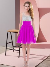 Mini Length Fuchsia Quinceanera Court Dresses Scoop Sleeveless Side Zipper