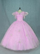 Fashionable Floor Length Ball Gowns Short Sleeves Lilac Quince Ball Gowns Zipper