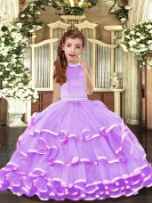 Lavender Sleeveless Beading and Ruffled Layers Floor Length Girls Pageant Dresses