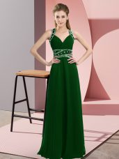 Glorious Floor Length Backless Prom Party Dress Dark Green for Prom and Party with Beading
