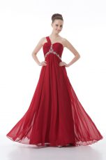 Sleeveless Chiffon Floor Length Backless Dress for Prom in Red with Beading and Ruching