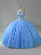 Elegant Blue Sleeveless Tulle Lace Up Ball Gown Prom Dress for Sweet 16 and Quinceanera