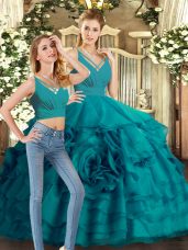 Teal V-neck Backless Ruffled Layers 15th Birthday Dress Sweep Train Sleeveless