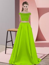 Glamorous Yellow Green Dress for Prom Elastic Woven Satin Sweep Train Sleeveless Beading