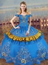 Floor Length Blue 15th Birthday Dress Satin Sleeveless Embroidery