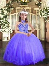 Blue Tulle Lace Up Halter Top Sleeveless Floor Length Pageant Dress Wholesale Appliques