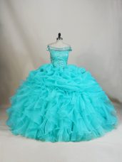 Stylish Organza Off The Shoulder Sleeveless Lace Up Beading and Ruffles Quinceanera Gown in Aqua Blue