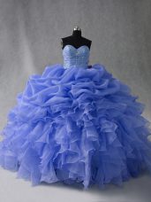 Romantic Sweetheart Sleeveless Quinceanera Dresses Floor Length Beading and Ruffles and Pick Ups Blue Organza