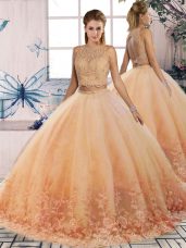 Sleeveless Lace Backless Quinceanera Dresses with Peach Sweep Train