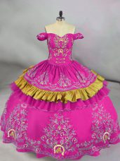 Fantastic Fuchsia Satin Side Zipper 15 Quinceanera Dress Sleeveless Floor Length Embroidery