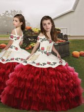 Red Organza Lace Up Straps Sleeveless Floor Length Pageant Dress for Teens Embroidery and Ruffled Layers