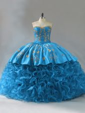 Beauteous Blue 15th Birthday Dress Fabric With Rolling Flowers Brush Train Sleeveless Embroidery and Ruffles