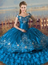 Teal Lace Up Sweet 16 Dress Embroidery and Ruffles Sleeveless Floor Length