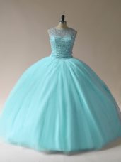 Noble Scoop Sleeveless Lace Up Quinceanera Gowns Aqua Blue Tulle
