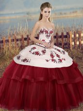 White And Red Tulle Lace Up Sweet 16 Quinceanera Dress Sleeveless Floor Length Embroidery and Bowknot