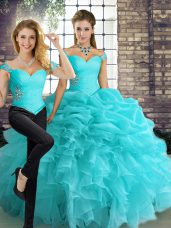 Edgy Aqua Blue Two Pieces Beading and Ruffles and Pick Ups 15th Birthday Dress Lace Up Organza Sleeveless Floor Length