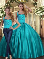 Elegant Halter Top Sleeveless 15th Birthday Dress Floor Length Ruching Teal Satin