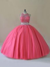 Dynamic Coral Red Halter Top Neckline Beading Sweet 16 Dress Sleeveless Backless