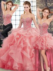 Hot Selling Lace Up Vestidos de Quinceanera Watermelon Red for Military Ball and Sweet 16 and Quinceanera with Beading and Ruffles Brush Train